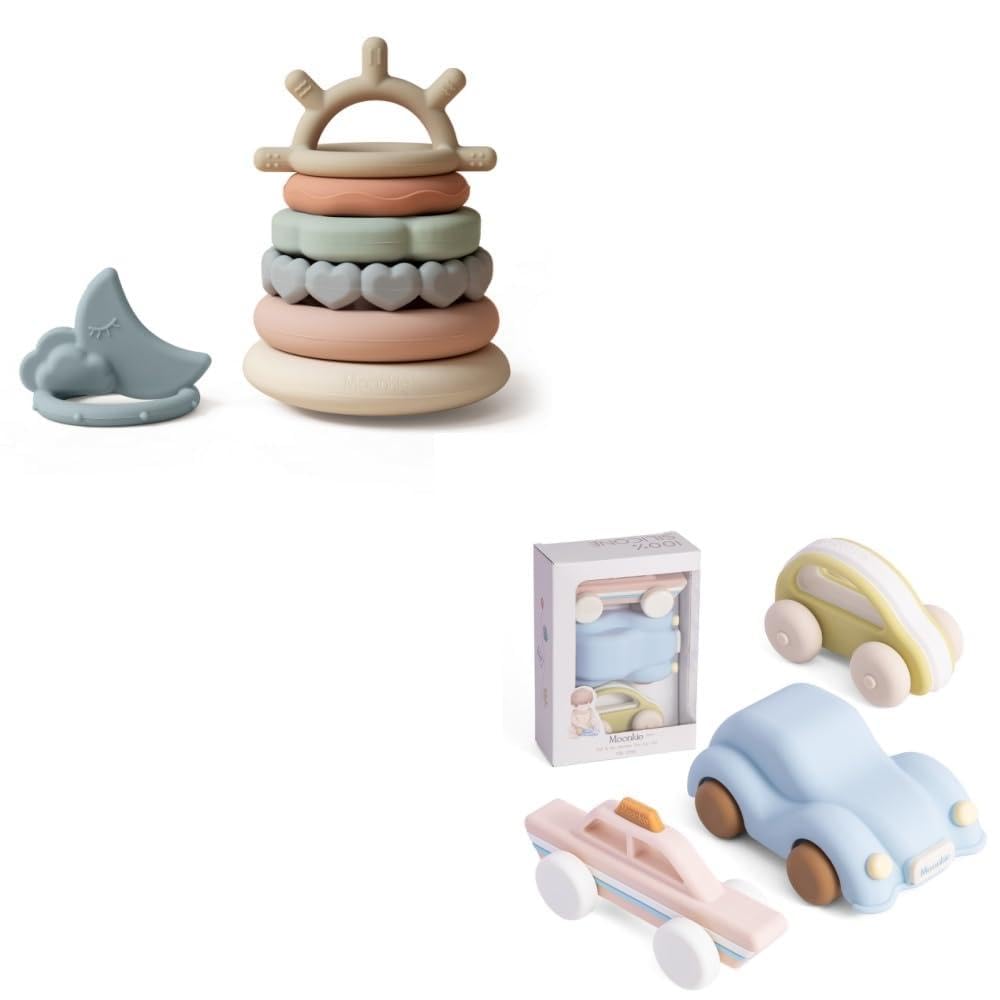 Moonkie Pack de Juguetes para Bebé, Aros Apilables de Silicona y Juego de 3 Coches, Juguetes Sensoriales sin BPA para 6+ Meses, Motricidad Fina, Rodar y Aprendizaje Temprano