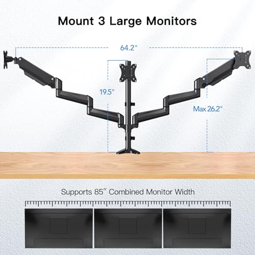 image for HUANUO Triple Monitor Mount for 17 to 32 inch Screens, Gas Springs Adj