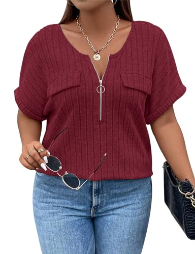 Gemulate Damen Große Größen Kurzarm Oberteile T-Shirts für Damen V-Ausschnitt Oberteil mit Reißverschluss Oversize Kurzarm Shirts Weinrot XXXL