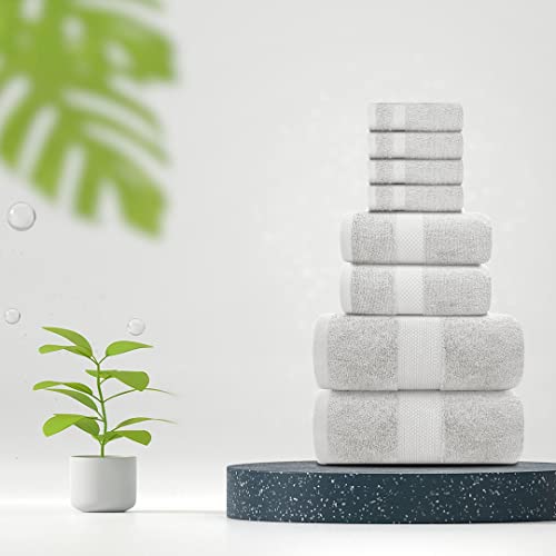White Classic Luxury Silver Bath Towel Set - Combed Cotton Hotel Quality Absorbent 8 Piece Towels | 2 Bath Towels | 2 Hand Towels | 4 Washcloths [Worth $72.95] 8 Pack | Silver #TOP5