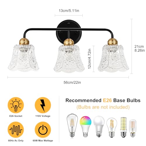 YUNICE 3 Light Bathroom Vanity Light Fixtures Brushed Black and Gold Wall Sconce with White Glass Shade E26 Base Vintage Mirror Lights for Bathroom, Bedroom Antique Brass Wall Lamp — view 3