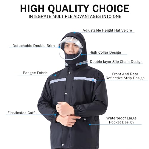 REEKY Jaqueta de chuva impermeável (preta 2X) com capuz e cabeça pode ser girada, capa de chuva refl