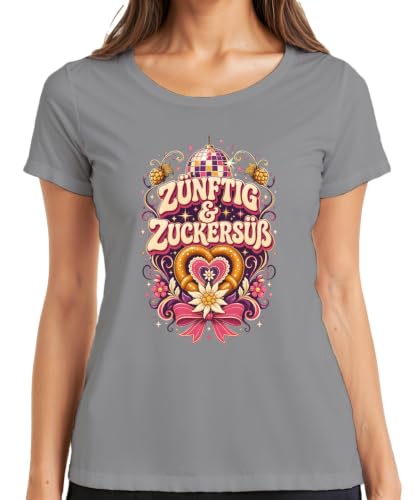 Image of Zünftig & Zuckersüß Volksfest Wiesn Prezel Women's T-Shirt, gray, 3XL