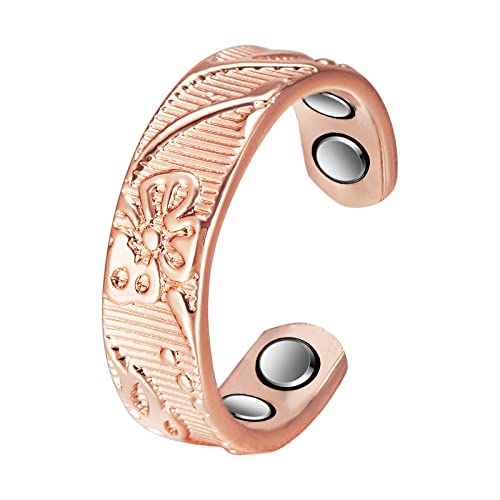 EnerCoppeX Magnetischer Damen-Ring aus reinem Kupfer, wunderschön graviertes Pflaumenmuster, 4 Magnete, frei verstellbar, Geschenkbeutel inklusive, Kupfer