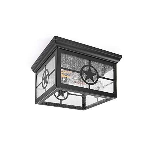 CORAMDEO Country Star Square 2 Light Ceiling Mount Farmhouse Fixture, Indoor or Outdoor, Two Standard Sockets, Open Bottom, Damp Location, Black Powder Coat Finish with Seedy Glass