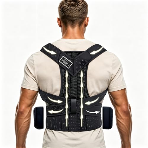 LifeLove Adjustable Posture Support Brace for Upper Back & Shoulders, Fits Height Under 200cm & Waist Under 120cm (Shoulder 105cm, Waist 115cm, Back 40cm), One Size (Black White, One Size Fits Most)