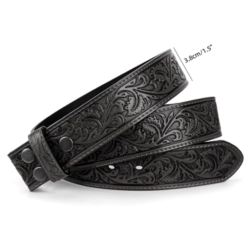 LEACOOLKEY Western Pasek dla Mężczyzn bez Klamry 3,8 cm Szerokości Kwiatowy Grawerowany Tłoczony Skórzany, A-Czarny, (130CM) Passform Größe 111cm-122cm