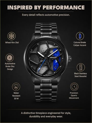Image of V2A Men's Analog Automotive Inspired Wheel Rim Design Wrist Watch | Stainless Steel Bracelet| Quartz Movement | 30M Water Resistant | Premium Black Metal Strap Watch for Men | Casual & Formal