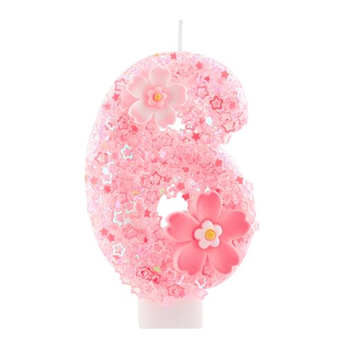 Hongplus Cherry Blossom Pink Number 6 Birthday Candle, 2.8in Cute Shiny Happy 6th Birthday Candle with Tray & Stick Girls 6 Candle for 6 Birthday Ideal Birthday Parties Cake Decoration & Gifts