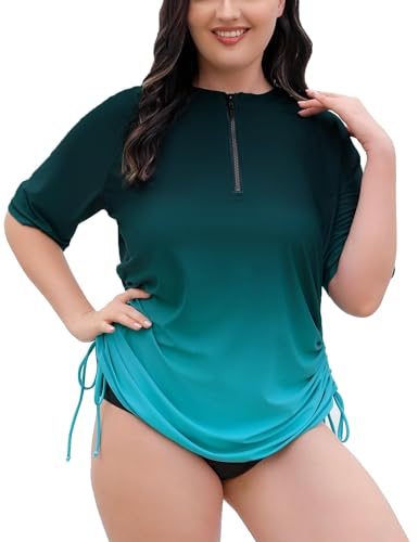 Halcurt Womens Plus Size Rash Guard Short Sleeve Swim Shirts with Tie Drawstring Half Zip UPF50+ Swimsuit Top Ombre Green 3X