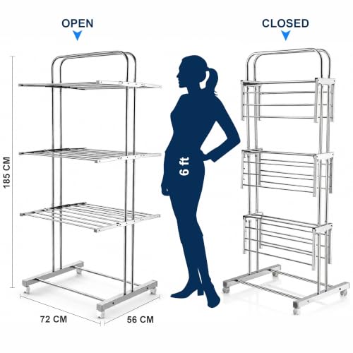 Image of JD FRESH 3 Tier Stainless Steel Clothes Drying Stand /Heavy Duty Rust Proof Laundry Rack with 360 Wheels /Foldable Cloth Hanger Stand & 24 Rods /Space Saving Cloth Dryer for Home, Balcony & Indoor Use