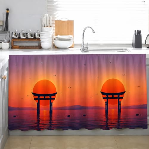Image of Kitchen Curtains for Sink | Premium Printed Under-Sink Skirt for Kitchen Counter | Washable & Dustproof Rod Pocket Curtain | Home & Cooking Theme Decor (150cm x 70cm) (Japan Gate)