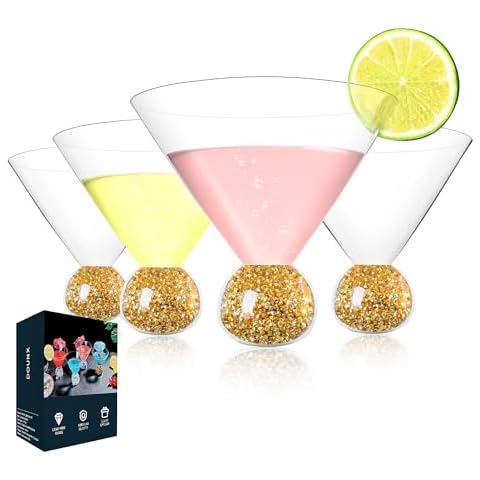 Dounx Stemless Martini Glasses Set of 4, Bling Cocktail Glasses with Sparkle Ball Base, Fancy Ultra-thin Margarita Glassware, Hand Blown Crystal Cup for Parties, Birthdays, Gift, Bar, Dessert (Gold) Cover