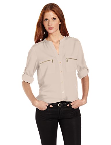 Calvin Klein Women's Modern Essential Zipper Button Front Blouse,Latte,X-Large