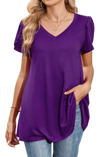 Enmain Mujeres Casual Túnica Tops Manga Corta Blusa Cuello en V Más Tamaño Túnica Camiseta para Mujer Elegante Tulipán Manga Swing Tops Morado M