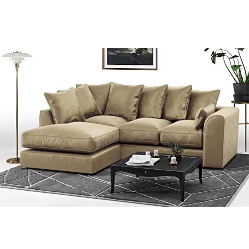 Furnishings For Less UK New Brooklyn Full Fibre Plush Velvet Corner Sofa, Sofa Suite Bright Colours (Beige, Left Hand Facing)