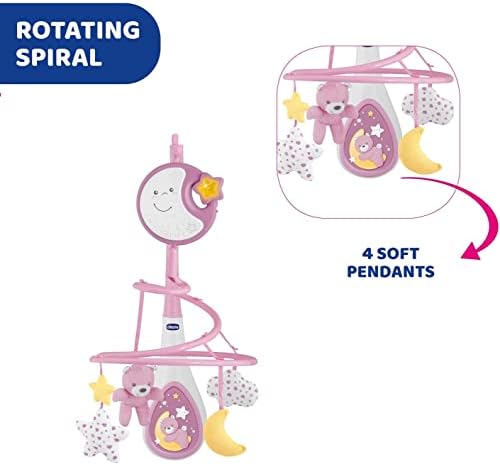 Chicco Next2Dreams Baby Mobile with Music Box for Cot and Bed - 3 in 1 Baby Mobile Compatible with Next2Me Cot, with Sound Effects, Soft Night Light Projector and Classical Music - 0+ Months, Pink