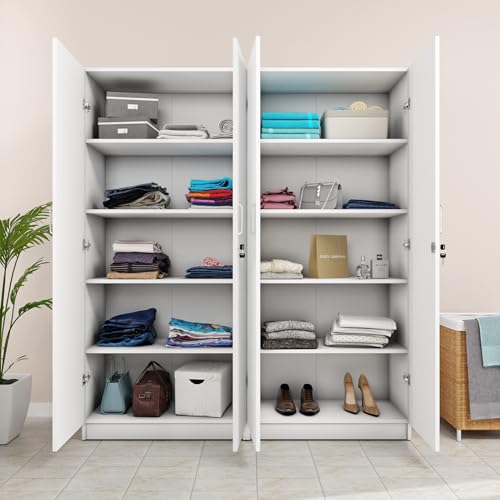 Image of VIKI Wardrobe | Wooden Almirah for 4 Door Fully Shelves Wardrobe (Frosty White - 40D x 160W x 180.8H) | 1 Year Warranty | Free Assembly