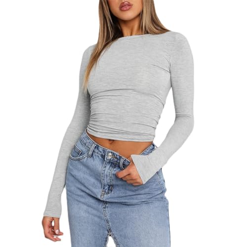 Damen Basic Langarmshirt Eng Rundhalsausschnitt Langarm Oberteil Teenager Mädchen Y2K Crop Top (A 01- Grau, S)
