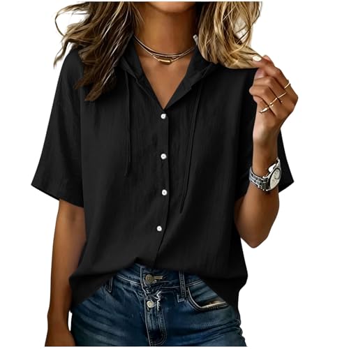 Womens Cotton Linen Hoodies Sun Protection Shirts Lightweight Short Sleeve Button Down Cardigan Summer Beach Coverups Black