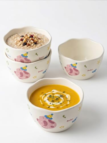 Image of Spooky Cute Ceramic Cereal & Soup Bowls (420ml) | Bowls with Top Waving Design | Microwave Safe Serving Bowls for Ramen, Noodles, Salad, Rice & Breakfast | Katori /Bati /Pyala (Set of 4,Pink Rabbit)