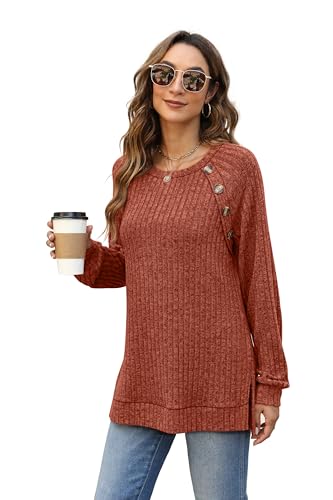 Long Sleeve Shirts for Women Lightweight Button Decor Tunic Tops Side Split4