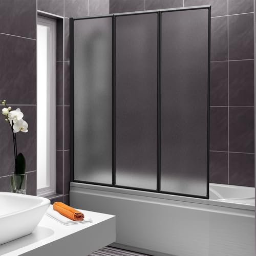Vkechh Duschwand für Badewanne 120×140 cm, 3-teilig Faltbar aus Bruchsicherem PS-Kunststoff, Duschwand mit Schwarzem Aluminiumrahmen,Badewannenaufsatz Spritzschutz mit Mattstruktur Wählbar