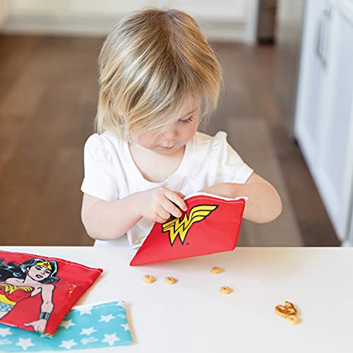 Bumkins Reusable Sandwich And Snack Bags, Dc Comics Wonder Woman, For Kids Lunch Bags And For Adults, Washable Fabric, Cloth Zip Bag, Dishwasher-Safe, Food-Safe, Safety Tested #TOP2