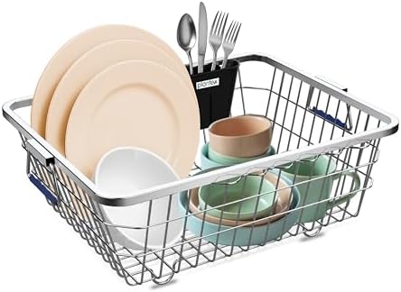 Plantex Stainless Steel Utensil Drying Rack/Vessel Drainer Basket/Dish Drying Rack/Bartan Basket with Cutlery Holder & Handle Grip – Medium (54 x 42 x 20 cm)