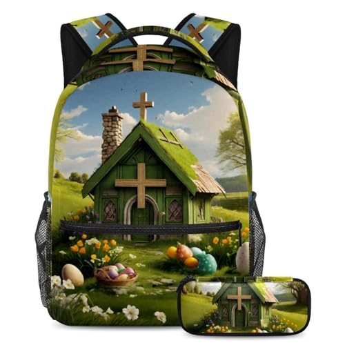 Sac à dos et trousse motif maison verte de Pâques cadeau ado stylé