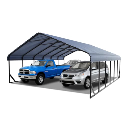 Poborin 20x30 ft Metal Carport for Outdoor Garages Steel Heavy Duty Portable Garage with Large Tall Carports Canopy for Snow, Car Ports with Galvanized Steel Roof & Frame - Grey