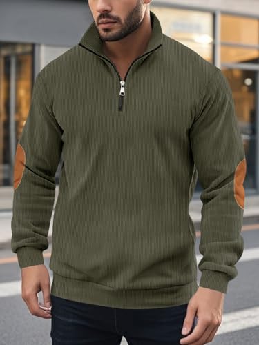 Men's Quarter Zipper Pullover Corduroy Crew Neck Sweatshirt Spring Autumn Casual Knit Long Sleeve Polo Shirt3