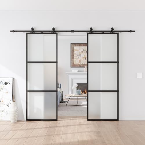 60 x 84 in Metal and Glass Sliding Double Barn Door with Installation Hardware Kit (Soft-Close Included)
