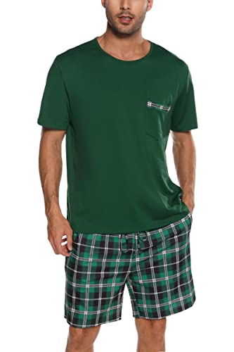 Sykooria Mens Pajamas Plaid Pajama Shorts Set Short Sleeve Cotton Pjs Sets Soft Sleepwear Green Xl #TOP1