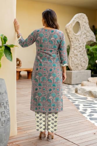 Image of MIRCHI FASHION Women's Straight Fit Pure Cotton Embellished Floral Printed Kurta Set with Dupatta and Trouser