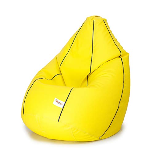 Image of Sattva Classic XL Bean Bag Filled with Beans | Premium Leatherette Bean Bag for Adults & Kids | Comfortable Seating for Bedroom, Lounge, Study Room & Living Room - Yellow with Navy Blue Piping