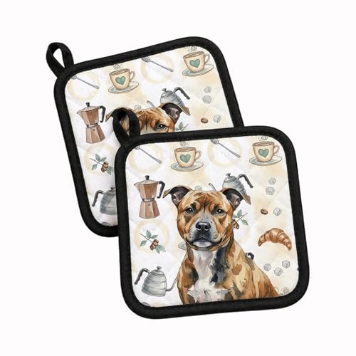 Caroline's Treasures Brindle Staffordshire Bull Terrier Coffee Bar Pair of Pot Holders Pair 7.5x7.5 Quilted Insulated Hot Pads Decorative Kitchen Gift Made in USA