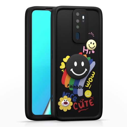 Image of Pikkme Back Cover for Oppo A5 2020 / A9 2020 | Soft Silicone| Cute Rainbow Smile & 3D Cartoon Flower Design | Shockproof Raised Camera Protection Bumper Case (Black)