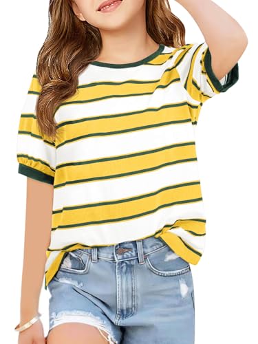 Image of Haloumoning Girls Striped Short Sleeve T Shirts Kids Summer Casual Tops Crewneck Tees Blouses 5-14Y