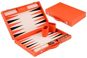 Engelhart-250564 – Backgammon 15 Zoll (38,6 cm) Luxus Koffer Kunstleder Orange – Intarsienbrett – Offen 47,4 × 38,6 cm – Schwarz/Orange Steine – Würfel & Becher – Klassisches Brettspiel
