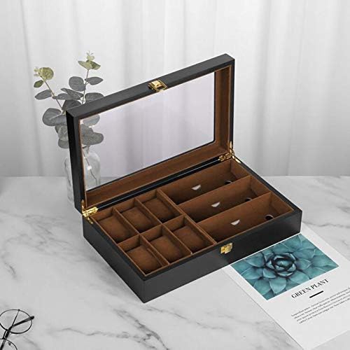 Watch Sunglasses Storage Box 6 Slots Watch and 3 Slots Eyeglass Display Holder Case Black Solid Wooden Eyewear Collection Organiser with Glass Lid (Wood)