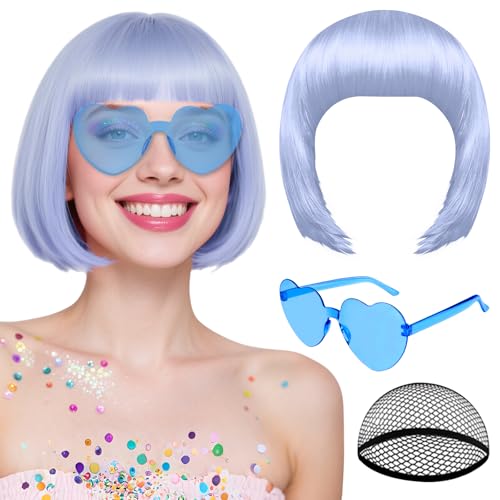 Image of MEEZY Blue Gray Short Bob Wigs Straight Hair with Flat Bangs Heart Sunglasses for Women, Colorful Funny Cosplay Party Neon Wig Synthetic Natural As Real Carnival Halloween Costume