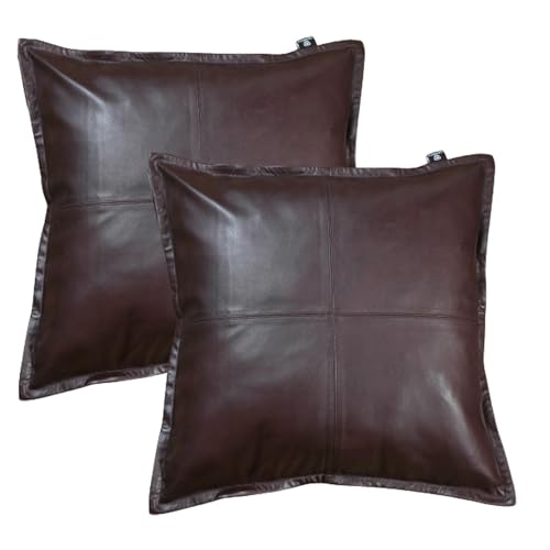 HideNgo Lambskin Leather Pillow Cover - Chair, Bed, Chaise Lounge, Sofa Cushion Case - Decorative Throw Pillow Covers for Living Room & Bedroom 22 x 22 Inches - Dark Brown Box Pack of 2