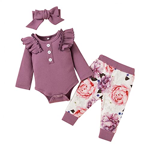 Image of Eoailr Baby Girl Clothes,Infant Newborn Bodysuit for 3-18M Fall Winter Outfit Long Sleeve Romper Onesie+Floral Pant+Headband