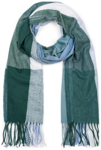 styleBREAKER Unisex weicher Karo Schal mit langen Fransen, bunt kariert, warme Winter Stola mehrfarbig 01017110, Farbe:Dunkelgrün-Hellblau-Weiß