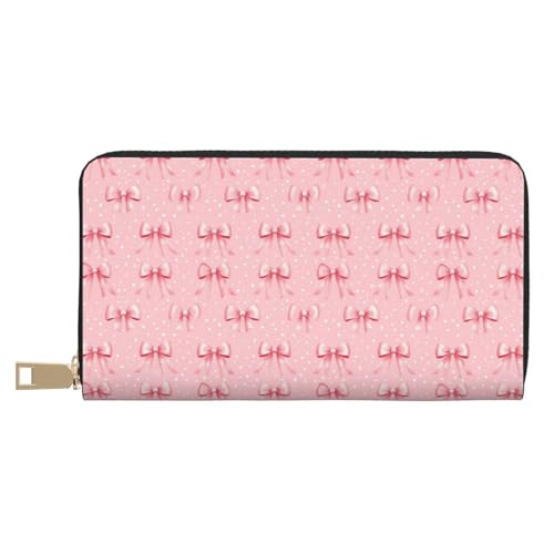 Leather Thin Slim Wallets for Women Men - Fashion Pink Bow Polka Dots Print Card Wallet Holder with Zipper