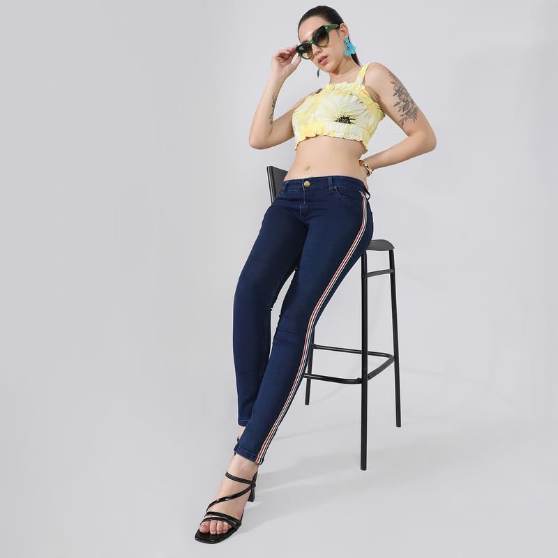 Image of PINACOLADA Women's Side-Striped Denim Jeans for Casual Wear | Light-Wash | Regular Fit | Button Closure | Cotton Denim Jeans Crafted with Comfort Fit for Everyday Wear