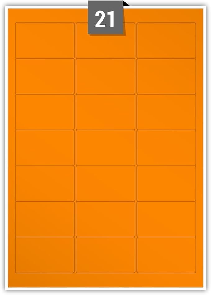 Fluorescent Permanent Adhesive Dry Edge Orange Paper Labels 21 Rectangle Printable Labels per A4 Plain Sheet – Label Paper Size 63.50 mm x 38.10 mm Ideal for Office, Packaging, Shipping
