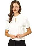 Allegra K Damen Kurzarm Stehkragen Rüschen Chiffon Büro Elegant Top Bluse Weiß XL