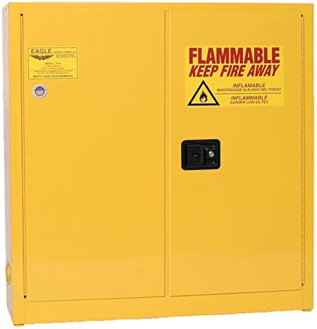 Eagle 24 Gallon Steel Flammable Liquid Storage Cabinet, Wall Mount, 3 Shelves, 2 Self-Closing Doors for Gasoline Storage, Yellow, 1975X